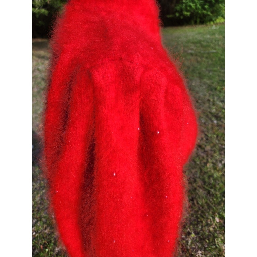 ANGORA Vtg TOMATO RED SWEATER Soft Bead Puff Sleeve Pullover Hi Neck Top M 38 - Picture 3 of 8